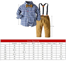 Load image into Gallery viewer, Boys Sets Long Sleeve Plaid Bowtie Top With Suspender Pants
