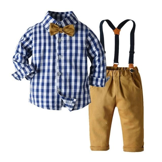 Boys Sets Long Sleeve Plaid Bowtie Top With Suspender Pants