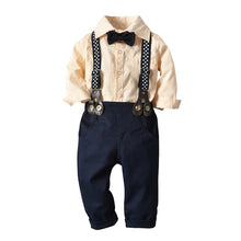 Load image into Gallery viewer, Boys Sets Long Sleeve Plaid Bowtie Top With Suspender Pants
